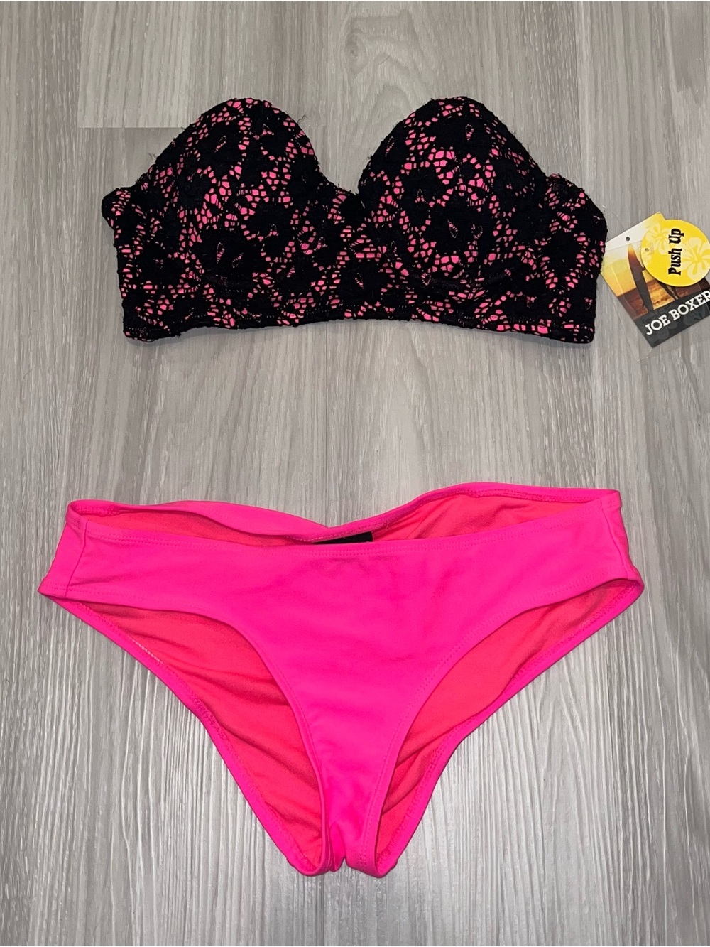 Joe Boxer Black Lace Push-Up Bikini Top with Hot Pink Bottoms